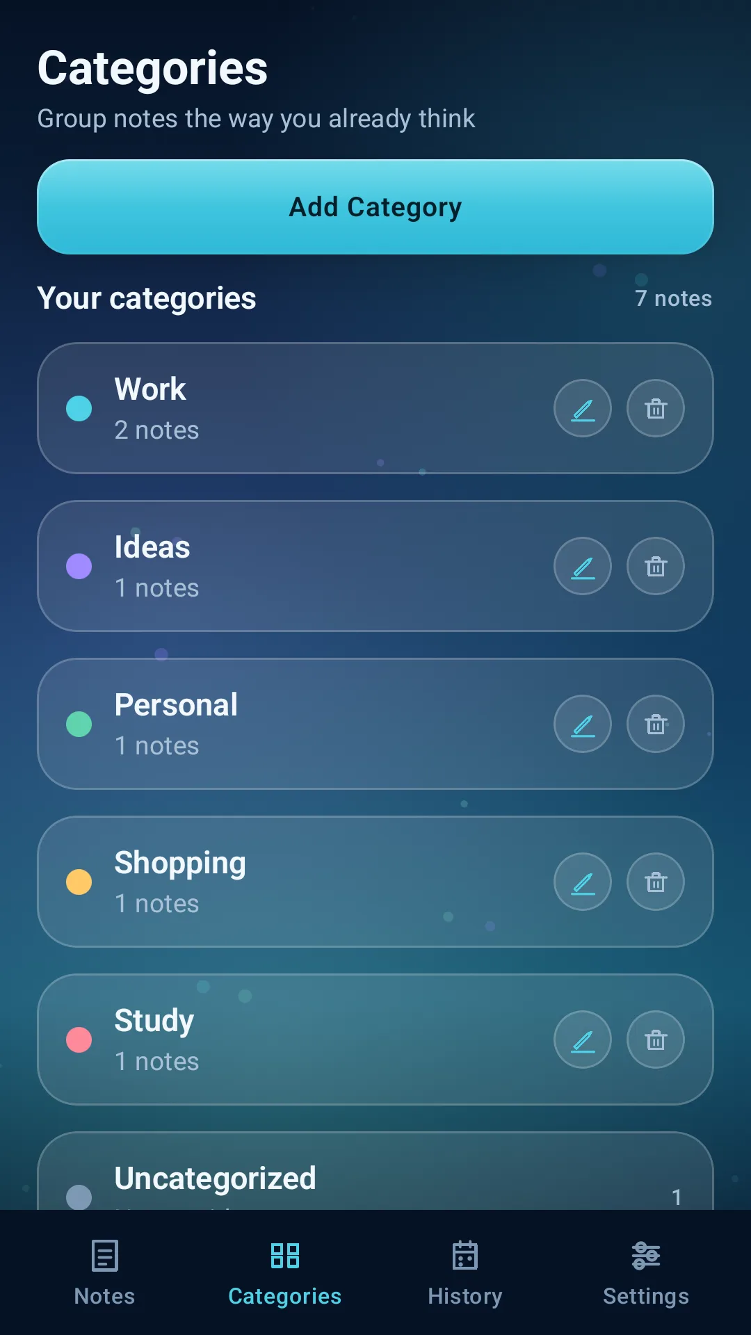 ClearNote Journal category management screen