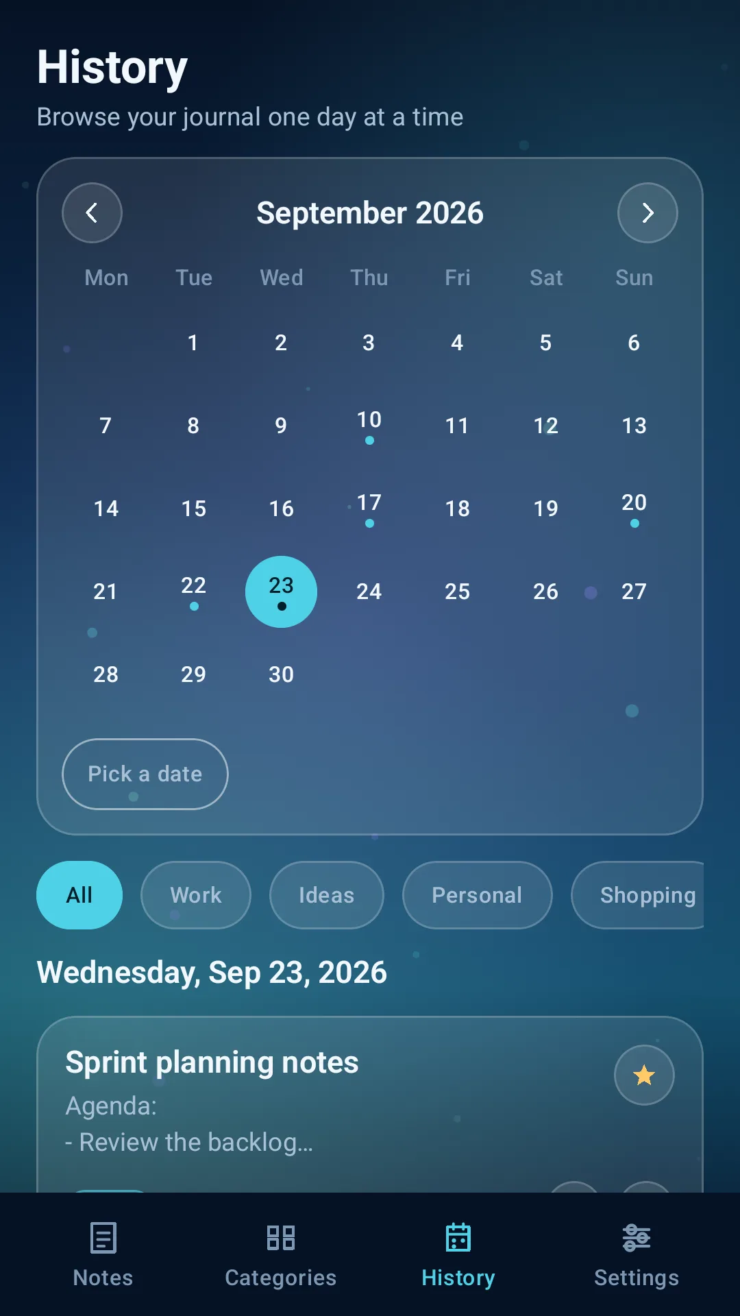 ClearNote Journal history calendar screen