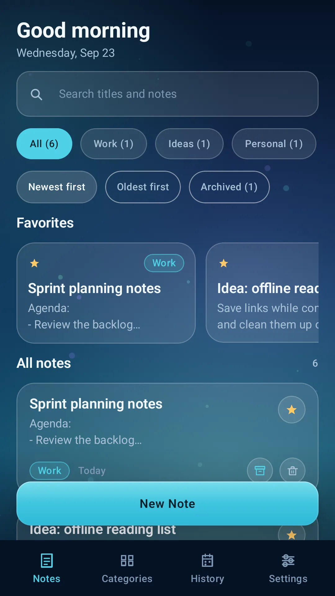 ClearNote Journal notes screen