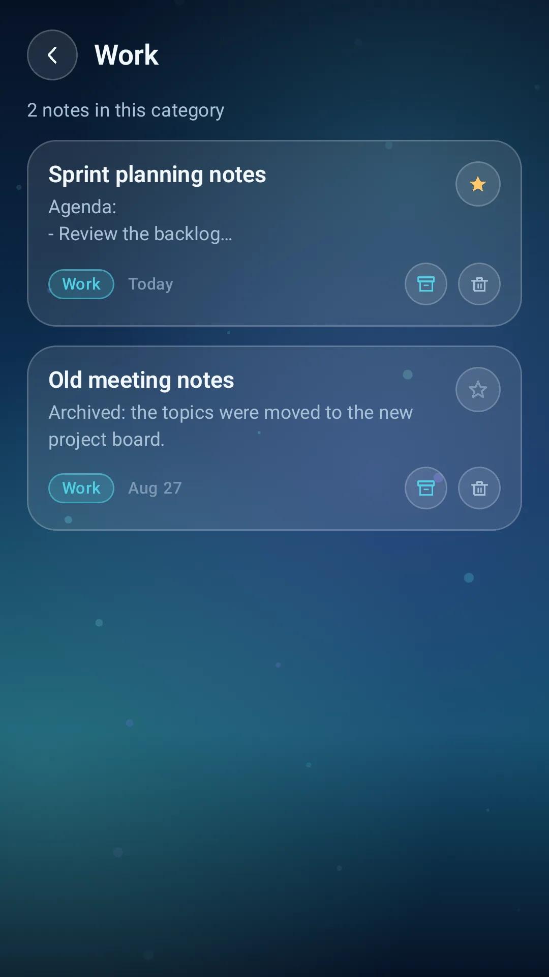 ClearNote Journal work category screen